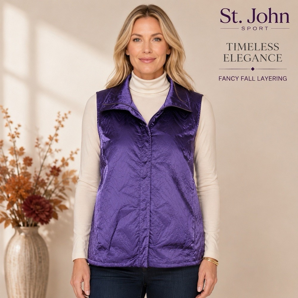 St. John Sport Vest Structured Quilted Satin Minimalist Luxury Fall Layer‎ Large